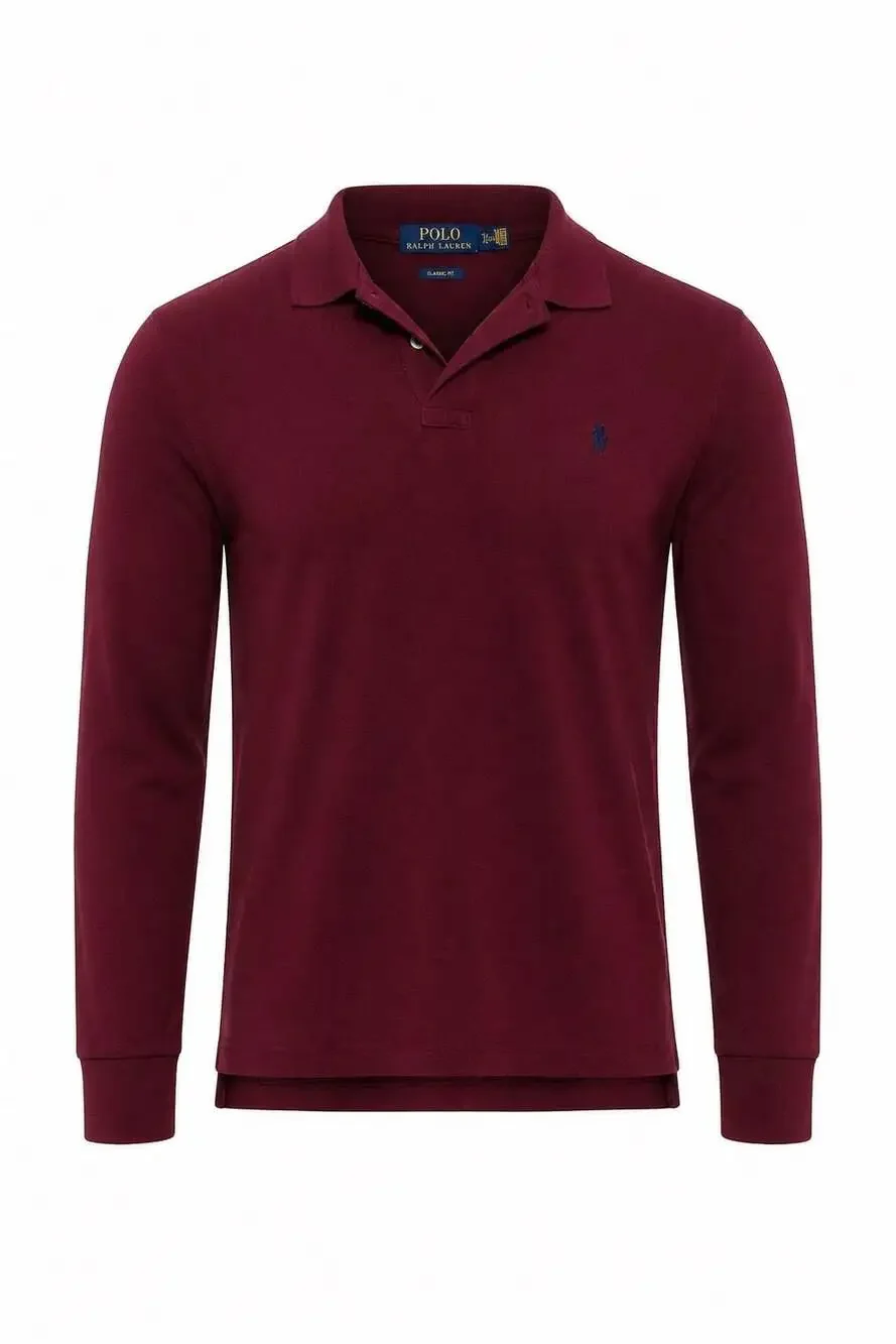 Polo Ralph Lauren Men's Long-Sleeve Slim Fit Mesh Polo Shirt in Burgundy